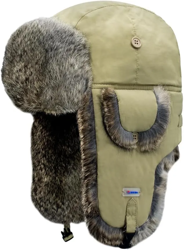 Winter Trapper Hat,100% Rabbit Fur Russian Ushanka Aviator Hunting Ski Hat Winter Hat with Ear Flaps
