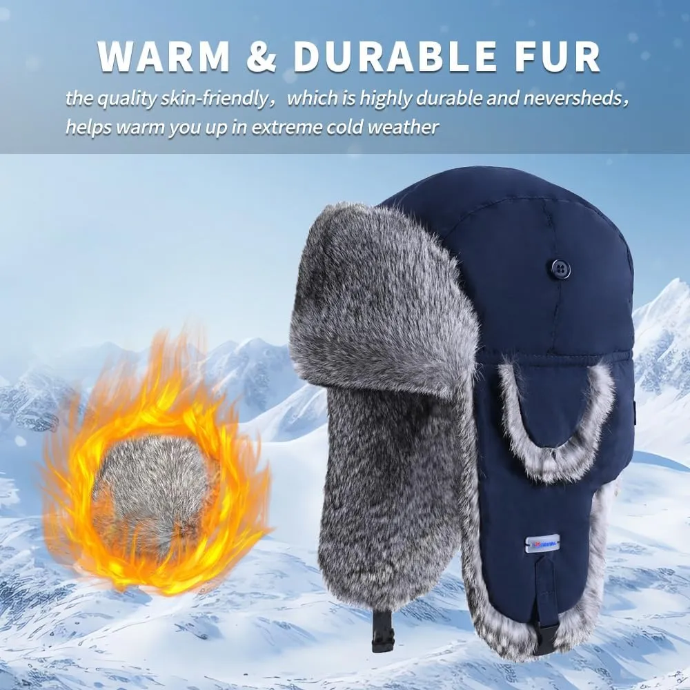 Winter Trapper Hat,100% Rabbit Fur Russian Ushanka Aviator Hunting Ski Hat Winter Hat with Ear Flaps