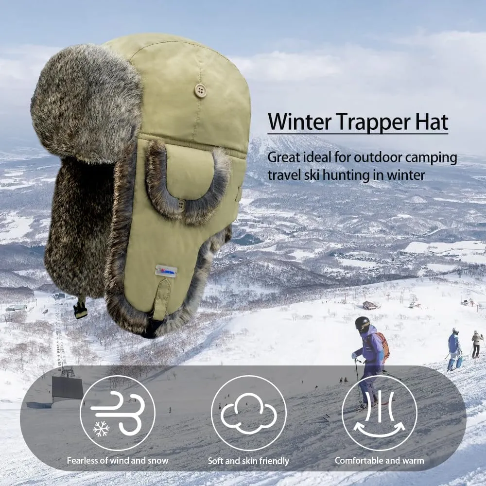 Winter Trapper Hat,100% Rabbit Fur Russian Ushanka Aviator Hunting Ski Hat Winter Hat with Ear Flaps
