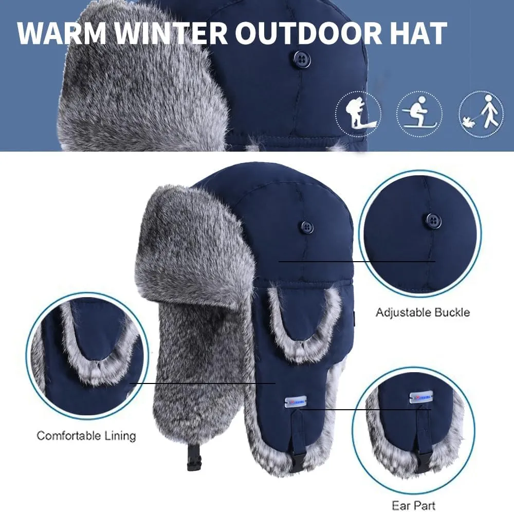 Winter Trapper Hat,100% Rabbit Fur Russian Ushanka Aviator Hunting Ski Hat Winter Hat with Ear Flaps