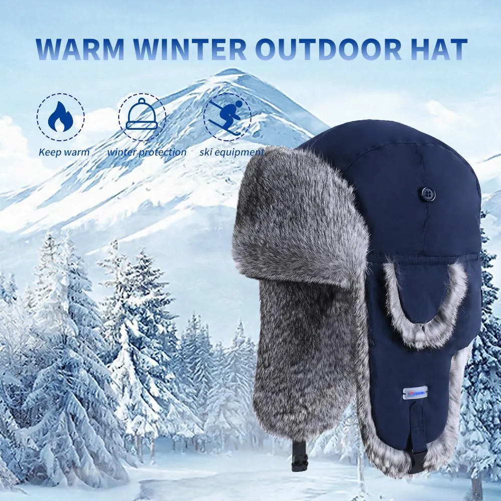 Winter Trapper Hat,100% Rabbit Fur Russian Ushanka Aviator Hunting Ski Hat Winter Hat with Ear Flaps