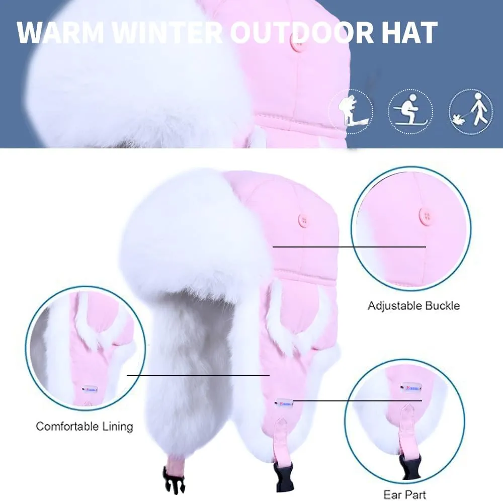 Winter Trapper Hat,100% Rabbit Fur Russian Ushanka Aviator Hunting Ski Hat Winter Hat with Ear Flaps