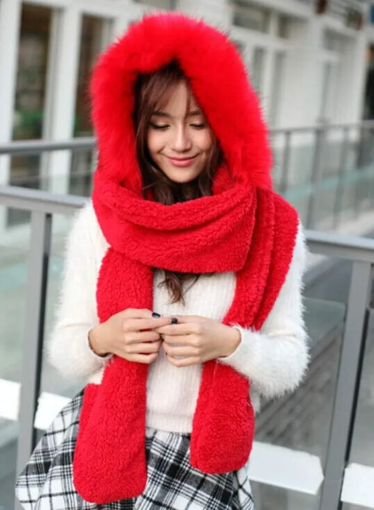 Winter Warm Women Hoodie Hat/Scarf/Gloves Set Soft Plush Thick Warm Hat