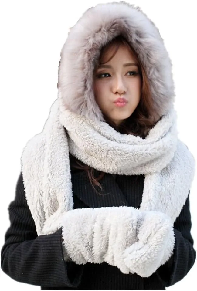 Winter Warm Women Hoodie Hat/Scarf/Gloves Set Soft Plush Thick Warm Hat