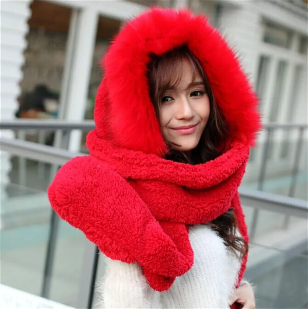 Winter Warm Women Hoodie Hat/Scarf/Gloves Set Soft Plush Thick Warm Hat