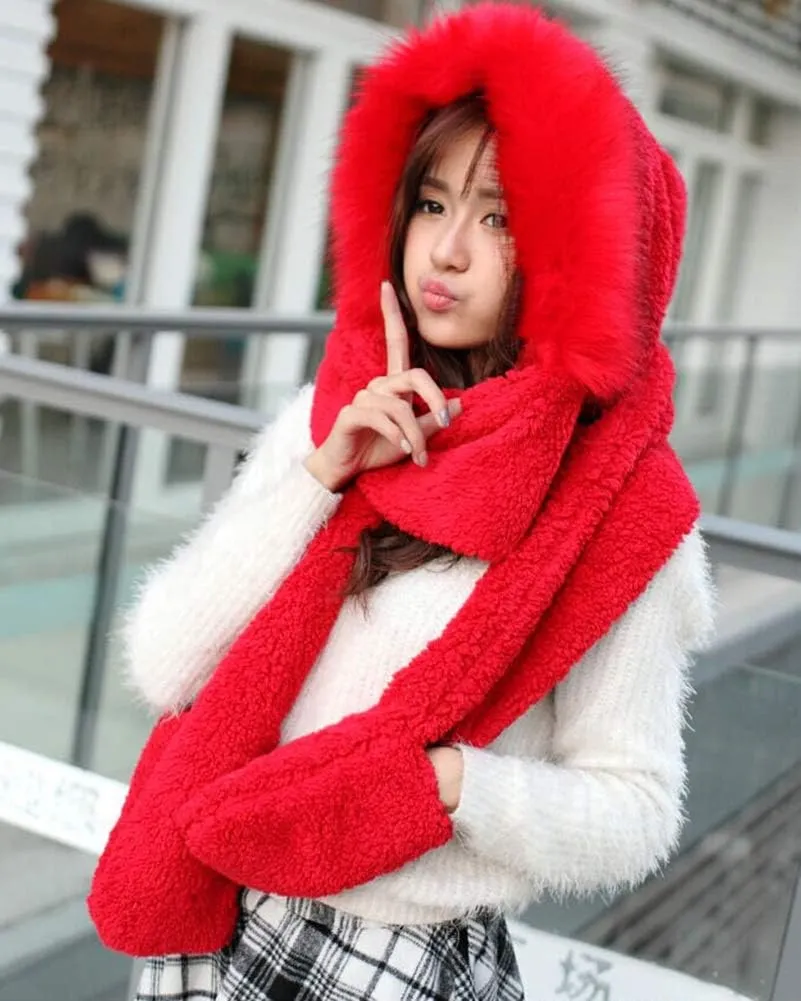 Winter Warm Women Hoodie Hat/Scarf/Gloves Set Soft Plush Thick Warm Hat