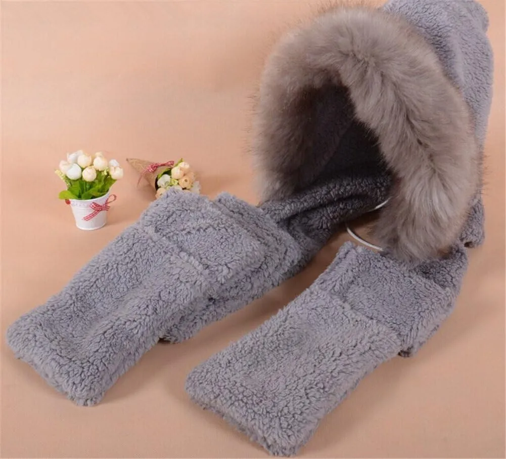 Winter Warm Women Hoodie Hat/Scarf/Gloves Set Soft Plush Thick Warm Hat