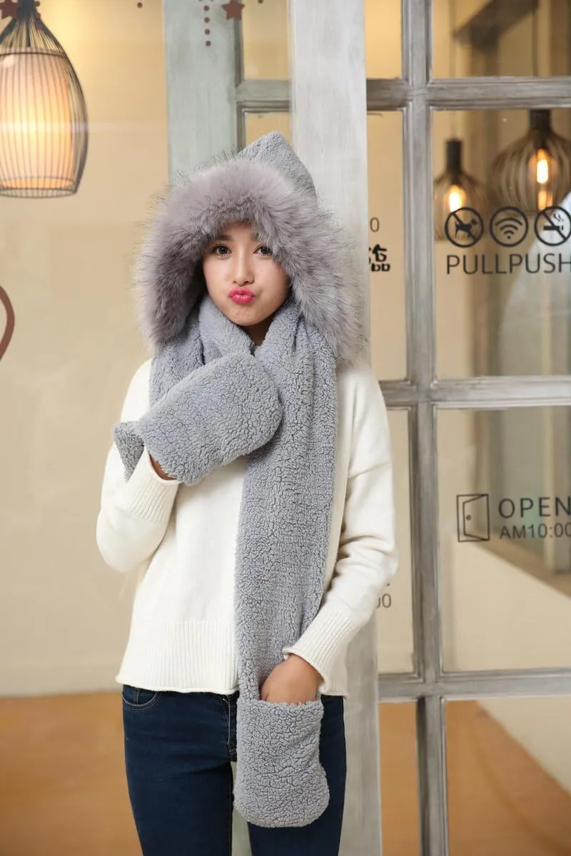 Winter Warm Women Hoodie Hat/Scarf/Gloves Set Soft Plush Thick Warm Hat