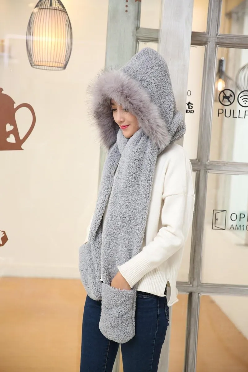 Winter Warm Women Hoodie Hat/Scarf/Gloves Set Soft Plush Thick Warm Hat