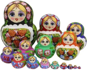 Winterworm Set of 15 Big Bulky Strawberry Colorful Basswood Wooden Traditional Russian Nesting Dolls Matryoshka Kids Stacking Toys Christmas Birthday Festival Gifts