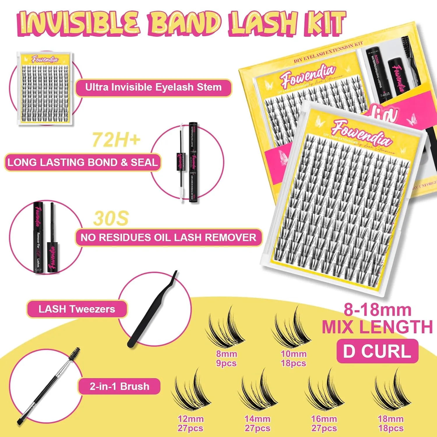Wispy Lash Clusters D Curl DIY Lash Extension Kit and Lash Clusters 8-18mm with Bond, Seal, and Remover - Invisible Band Lashes, Spike Eyelashes Glue-Free Lower Lashes, Freya-kit