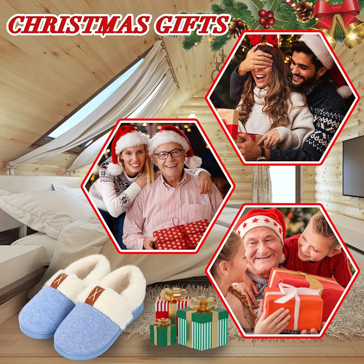 Women Slippers Comfy House Winter Slippers with Faux Fur Lining Memory Foam Anti-Skid Rubber Sole Fluffy Shoes Indoor Outdoor