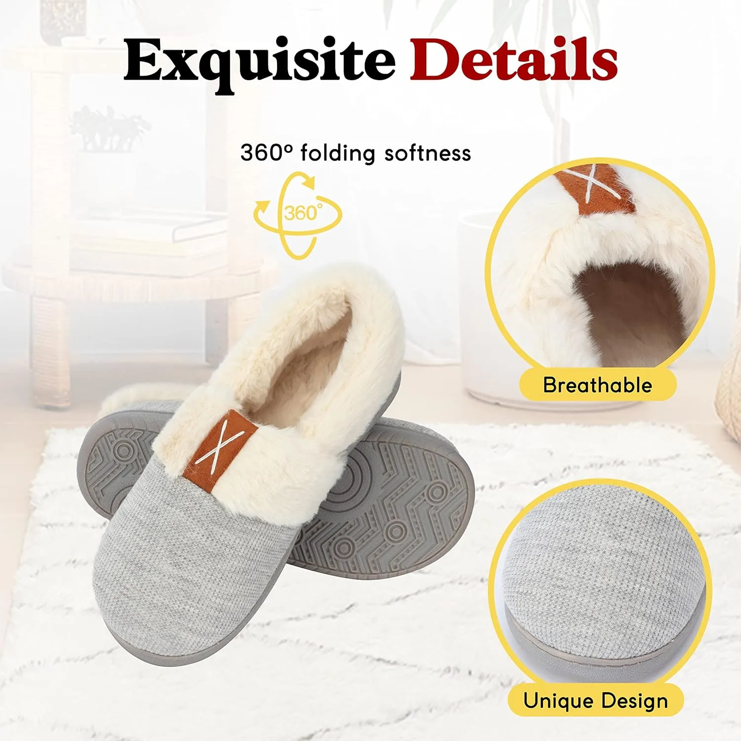 Women Slippers Comfy House Winter Slippers with Faux Fur Lining Memory Foam Anti-Skid Rubber Sole Fluffy Shoes Indoor Outdoor