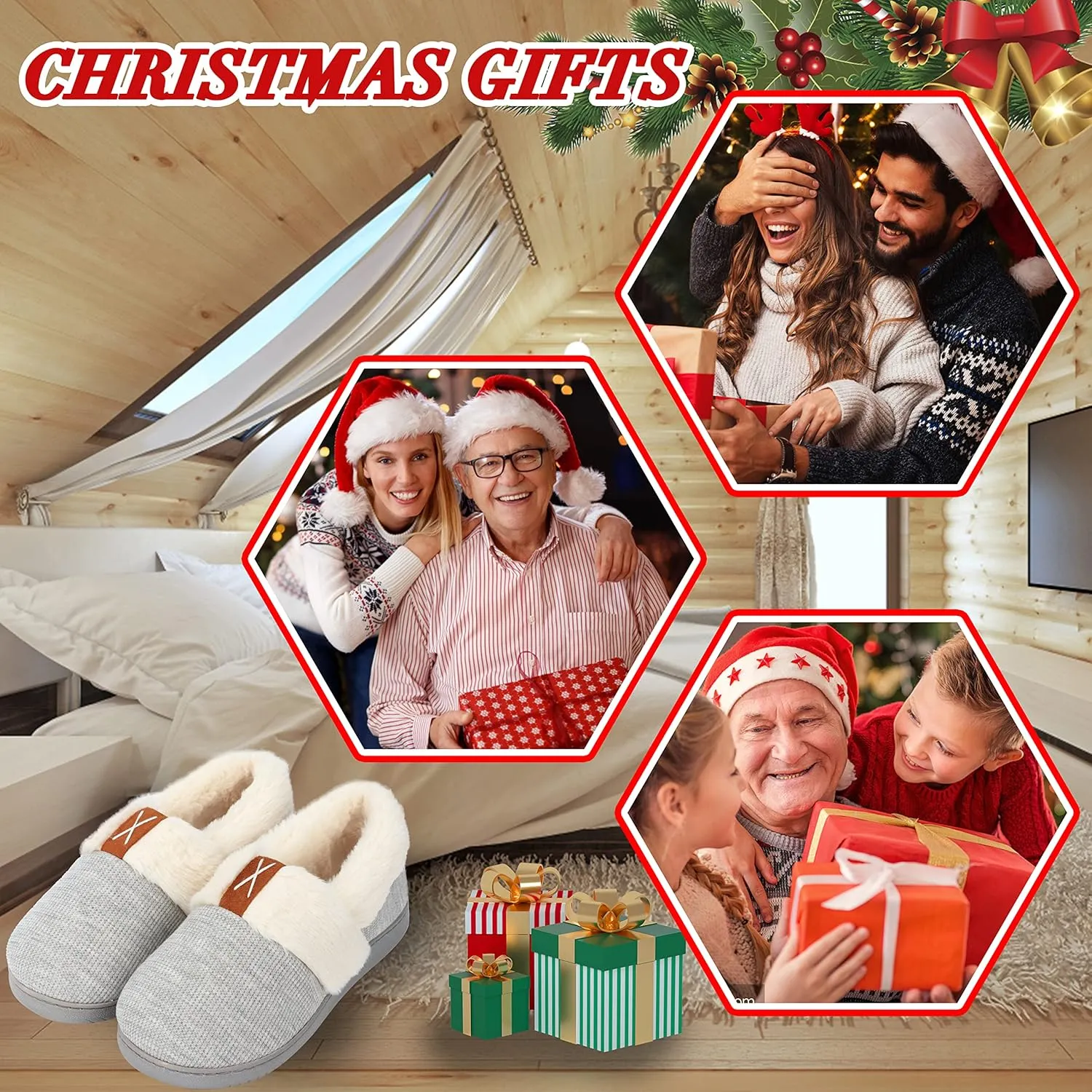 Women Slippers Comfy House Winter Slippers with Faux Fur Lining Memory Foam Anti-Skid Rubber Sole Fluffy Shoes Indoor Outdoor