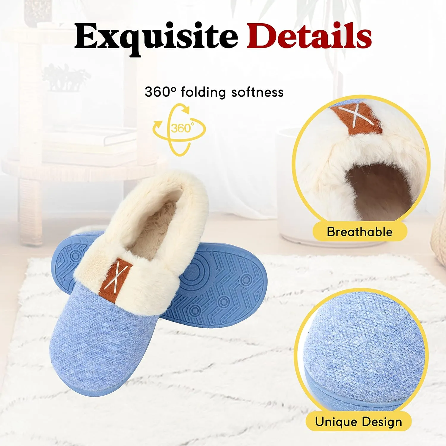 Women Slippers Comfy House Winter Slippers with Faux Fur Lining Memory Foam Anti-Skid Rubber Sole Fluffy Shoes Indoor Outdoor
