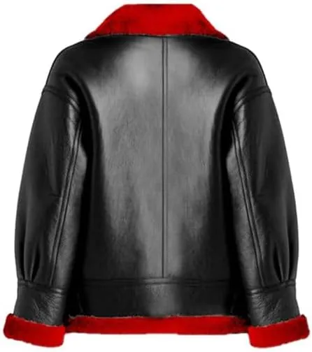 Women’s Aviator Leather Jacket with Red Shearling