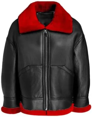 Women’s Aviator Leather Jacket with Red Shearling