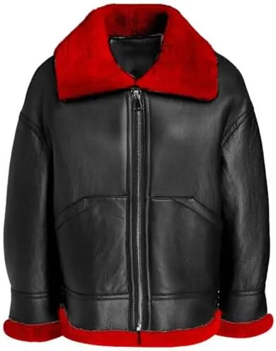 Women’s Aviator Leather Jacket with Red Shearling