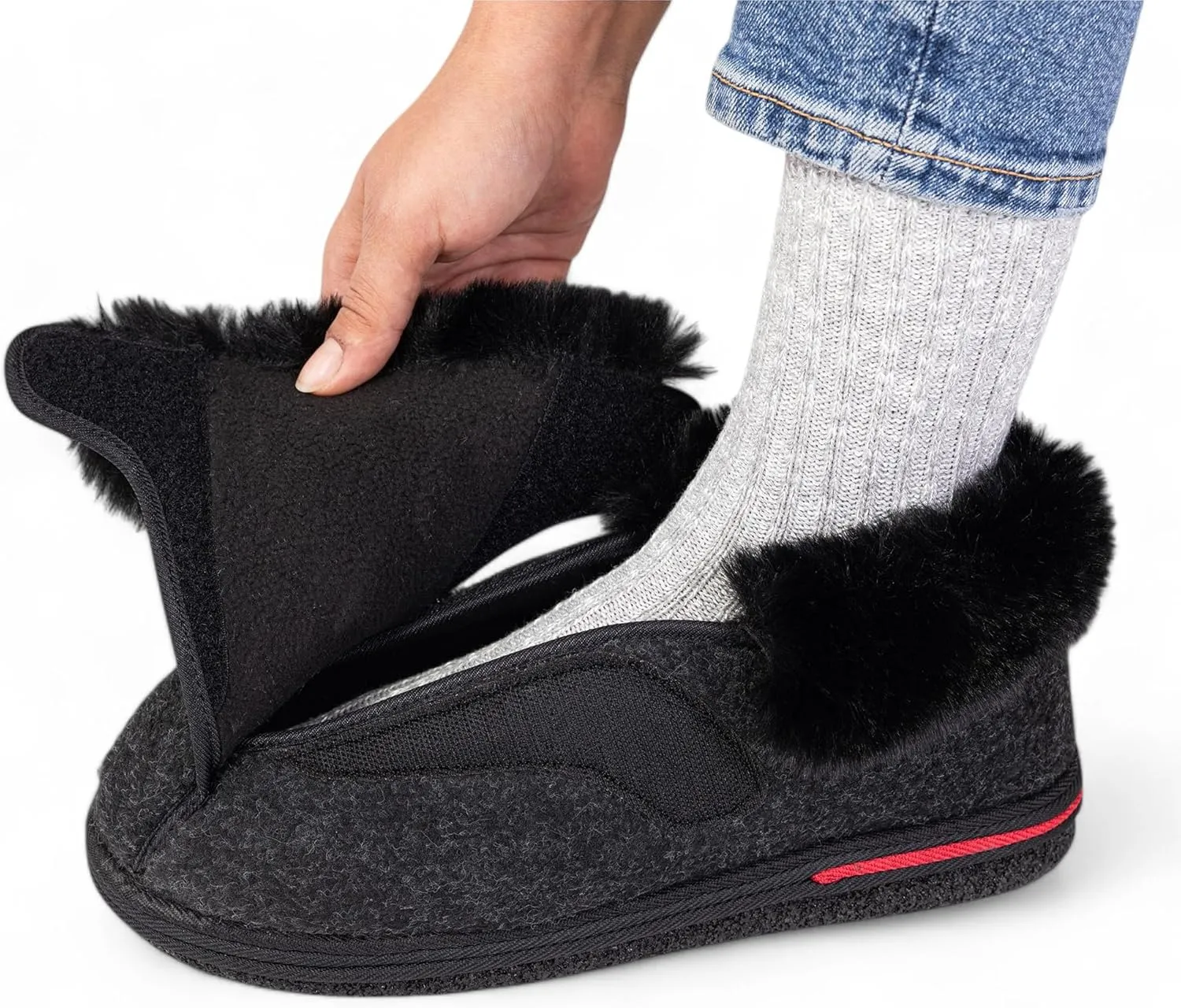 Women's Cozy Adjustable Slippers Wide Fit, Plush Faux Fur Lining, Non-Slip Sole, Comfortable House Shoes for Arthritis, Swollen Feet & Diabetes Relief