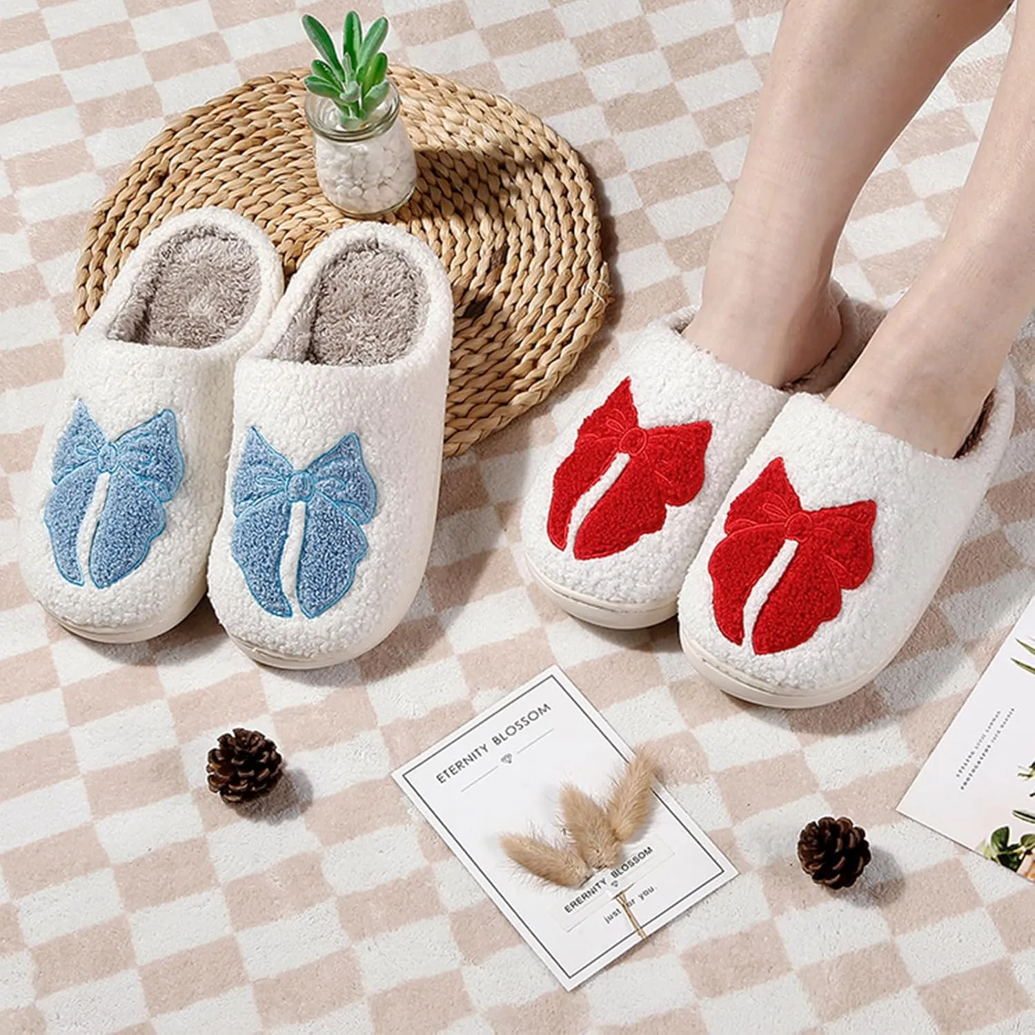Women's Cute Retro Strawberry Cherry Slippers Valentine's Day Plush Soft Memory Foam House Home Shoes