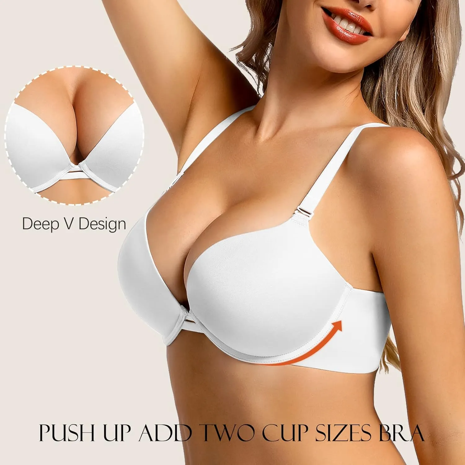 Women's Push Up Bra Add 2 Cup Sizes Super Deep V Plunge Padded Bra Comfort Support Underwire Back Smoothing Bras