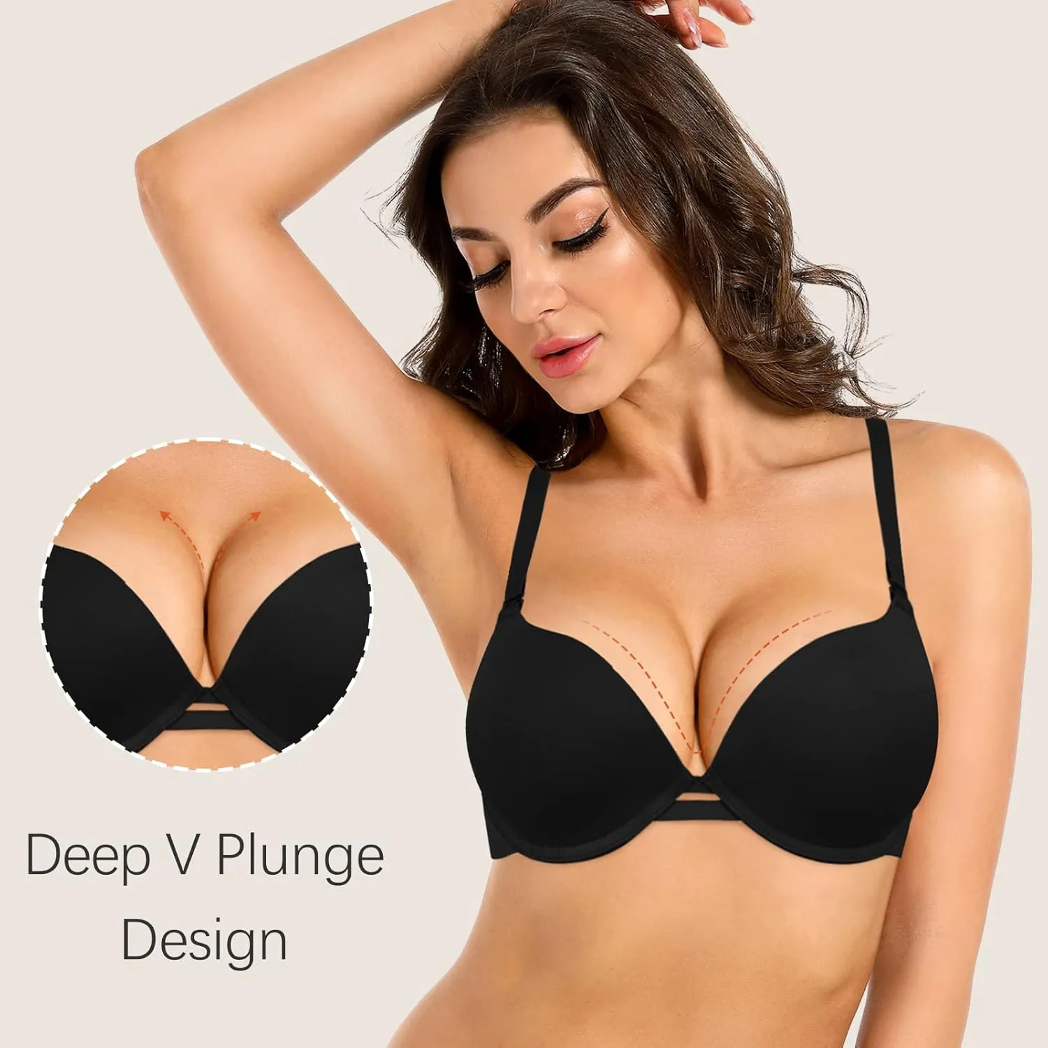 Women's Push Up Bra Add 2 Cup Sizes Super Deep V Plunge Padded Bra Comfort Support Underwire Back Smoothing Bras