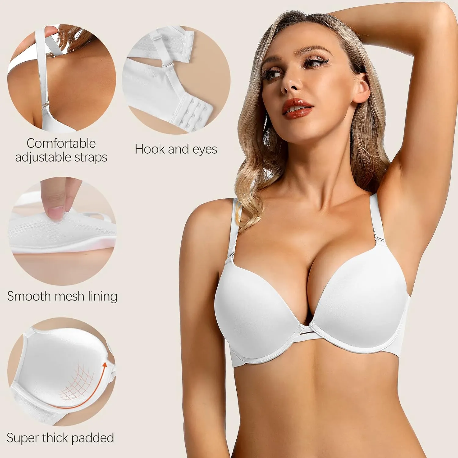 Women's Push Up Bra Add 2 Cup Sizes Super Deep V Plunge Padded Bra Comfort Support Underwire Back Smoothing Bras