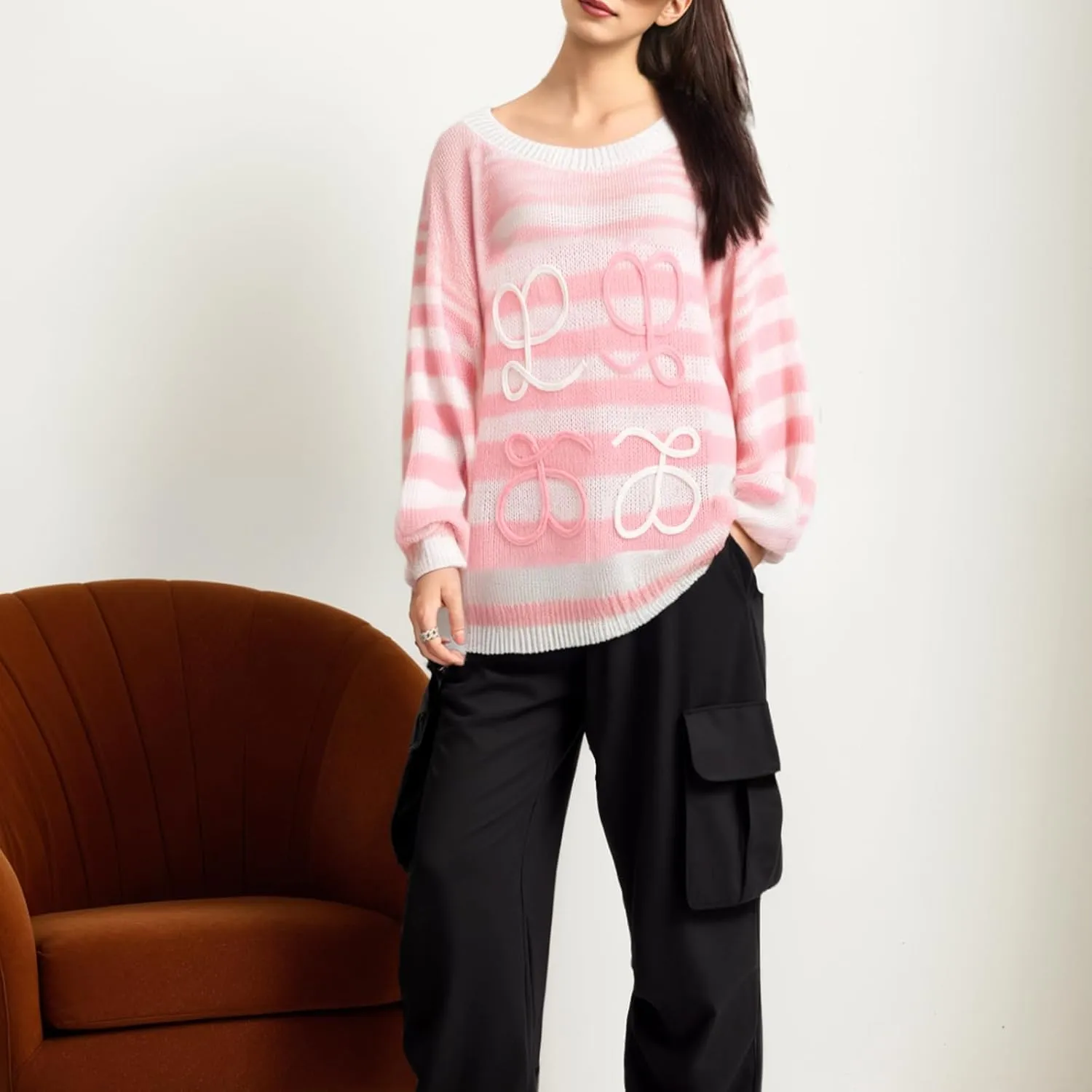 Women's Rainbow Striped Fluffy Sweater Pullover Oversized Long Sleeve Fall Casual Loose Chunky Knit Jumpers Tops