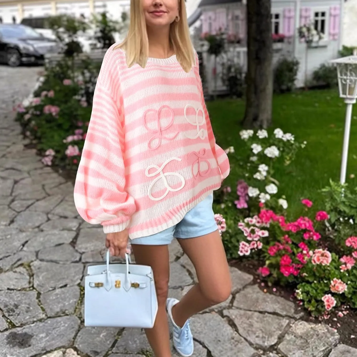 Women's Rainbow Striped Fluffy Sweater Pullover Oversized Long Sleeve Fall Casual Loose Chunky Knit Jumpers Tops