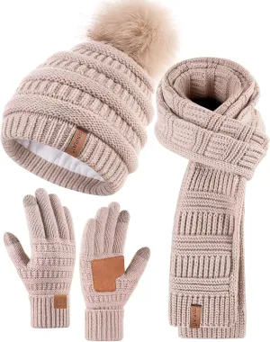Womens Winter Beanie Scarf Gloves Set, Pom Pom Hat with Warm Fleece Lined Long Knit Scarf Touchscreen Gloves for Cold Weather