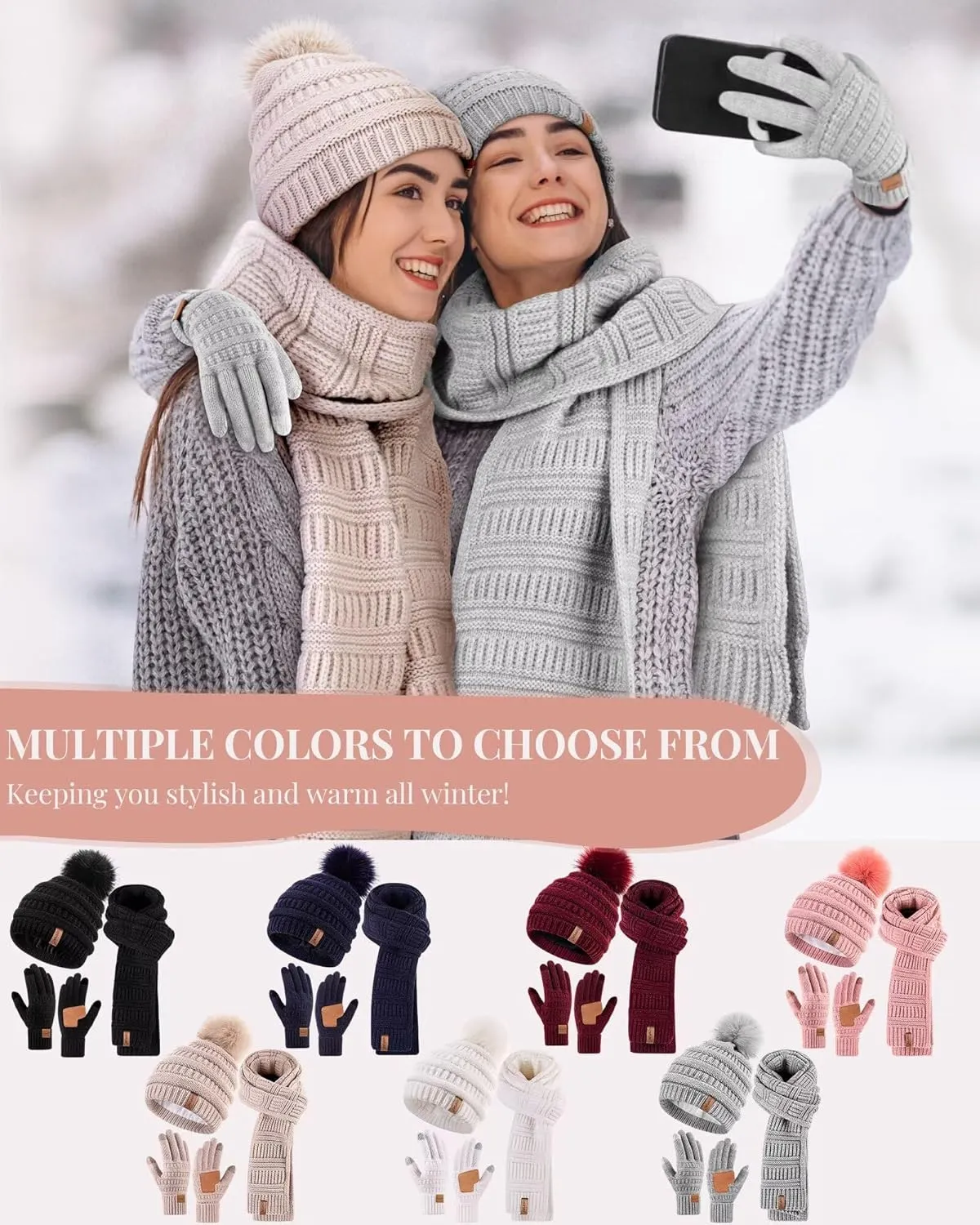 Womens Winter Beanie Scarf Gloves Set, Pom Pom Hat with Warm Fleece Lined Long Knit Scarf Touchscreen Gloves for Cold Weather