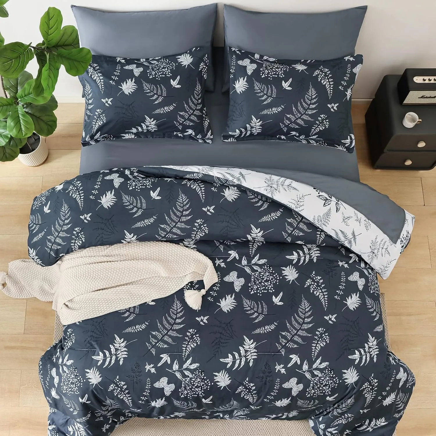 WONGS BEDDING Botanical Comforter Set King Size,7 Pieces Bed in a Bag Gray Bedding Sets Reversible Microfiber Leaf Comforter Soft Lightweight Bed Set with Sheet,Pillowcases&Shams