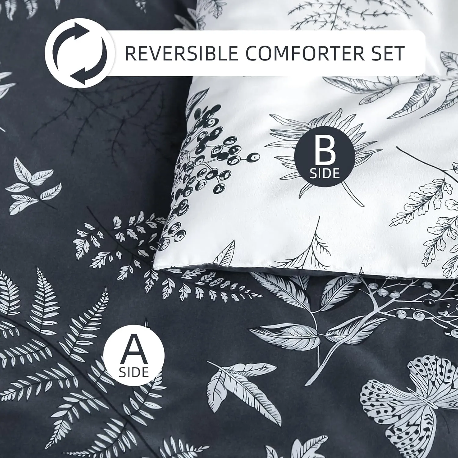 WONGS BEDDING Botanical Comforter Set King Size,7 Pieces Bed in a Bag Gray Bedding Sets Reversible Microfiber Leaf Comforter Soft Lightweight Bed Set with Sheet,Pillowcases&Shams