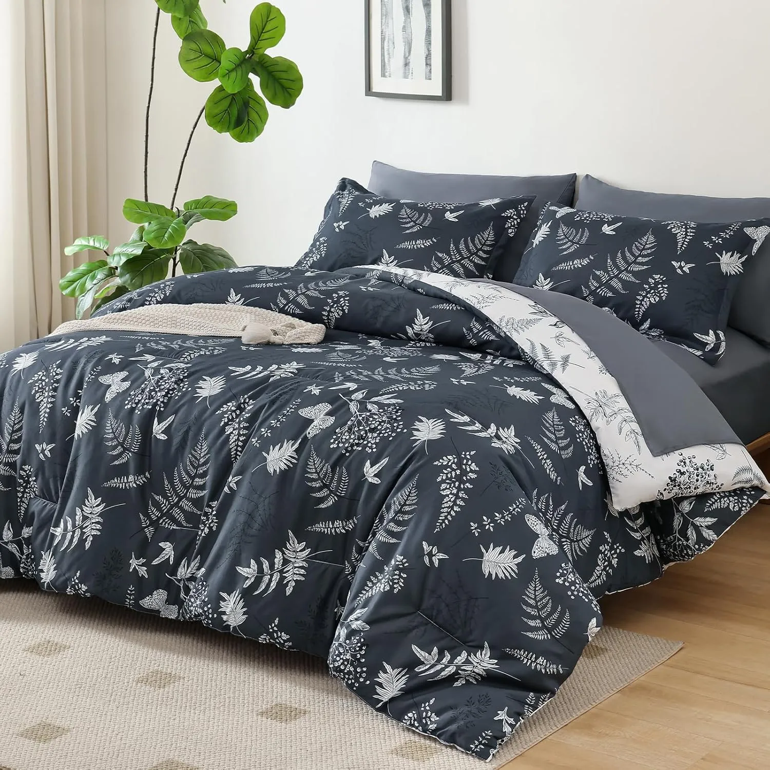 WONGS BEDDING Botanical Comforter Set King Size,7 Pieces Bed in a Bag Gray Bedding Sets Reversible Microfiber Leaf Comforter Soft Lightweight Bed Set with Sheet,Pillowcases&Shams