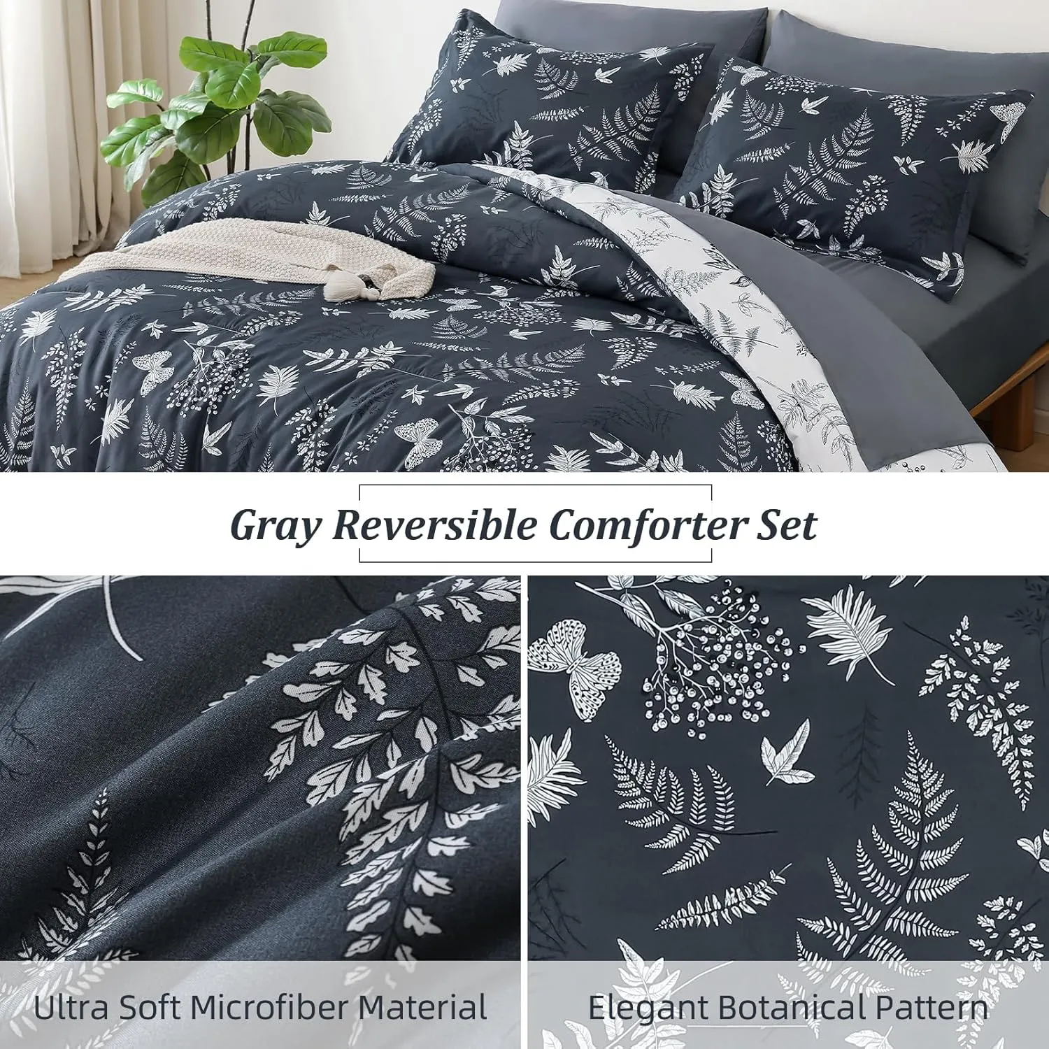 WONGS BEDDING Botanical Comforter Set King Size,7 Pieces Bed in a Bag Gray Bedding Sets Reversible Microfiber Leaf Comforter Soft Lightweight Bed Set with Sheet,Pillowcases&Shams