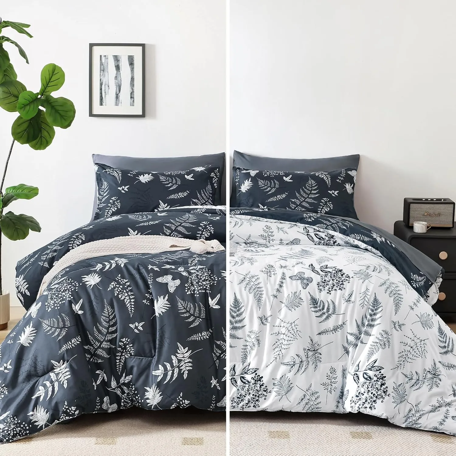 WONGS BEDDING Botanical Comforter Set King Size,7 Pieces Bed in a Bag Gray Bedding Sets Reversible Microfiber Leaf Comforter Soft Lightweight Bed Set with Sheet,Pillowcases&Shams