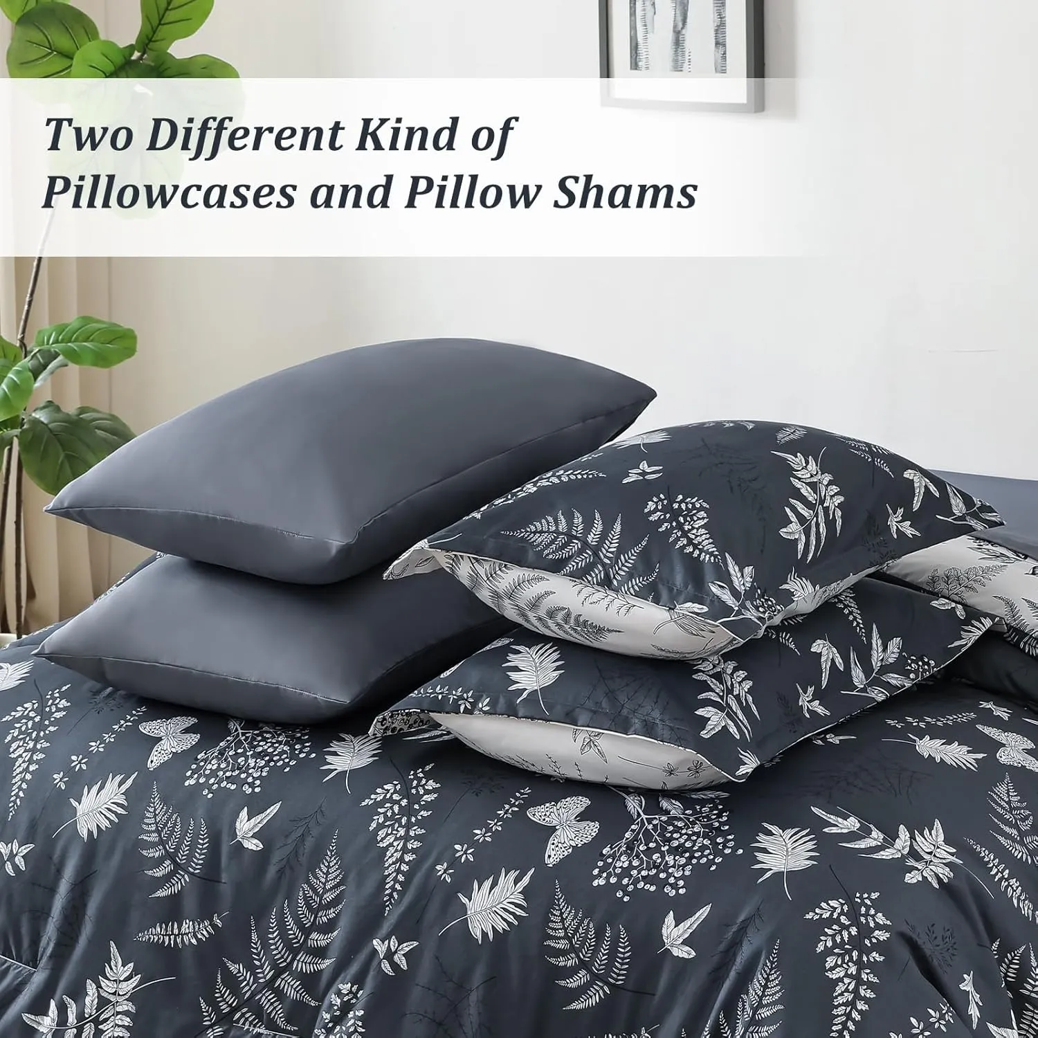 WONGS BEDDING Botanical Comforter Set King Size,7 Pieces Bed in a Bag Gray Bedding Sets Reversible Microfiber Leaf Comforter Soft Lightweight Bed Set with Sheet,Pillowcases&Shams