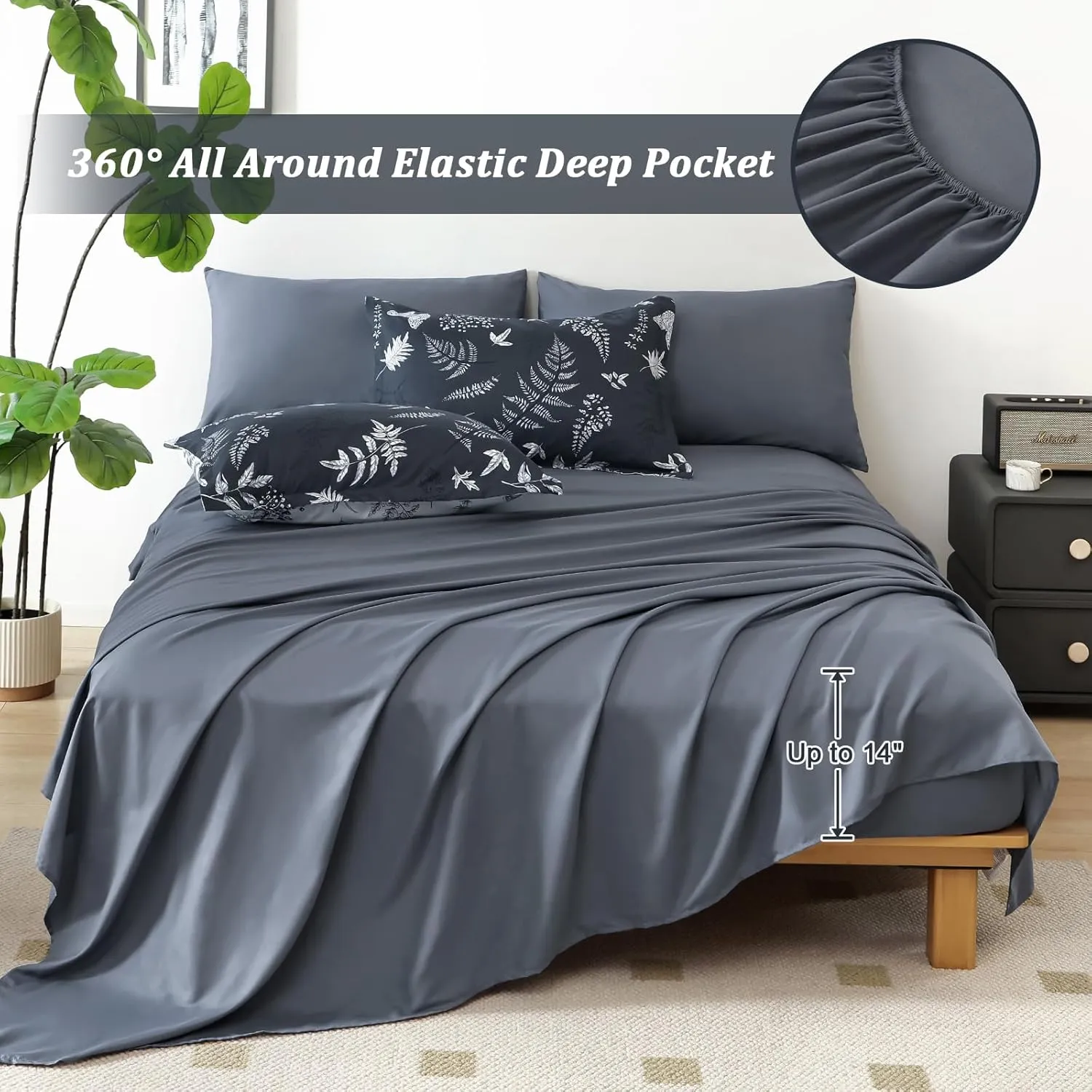 WONGS BEDDING Botanical Comforter Set King Size,7 Pieces Bed in a Bag Gray Bedding Sets Reversible Microfiber Leaf Comforter Soft Lightweight Bed Set with Sheet,Pillowcases&Shams