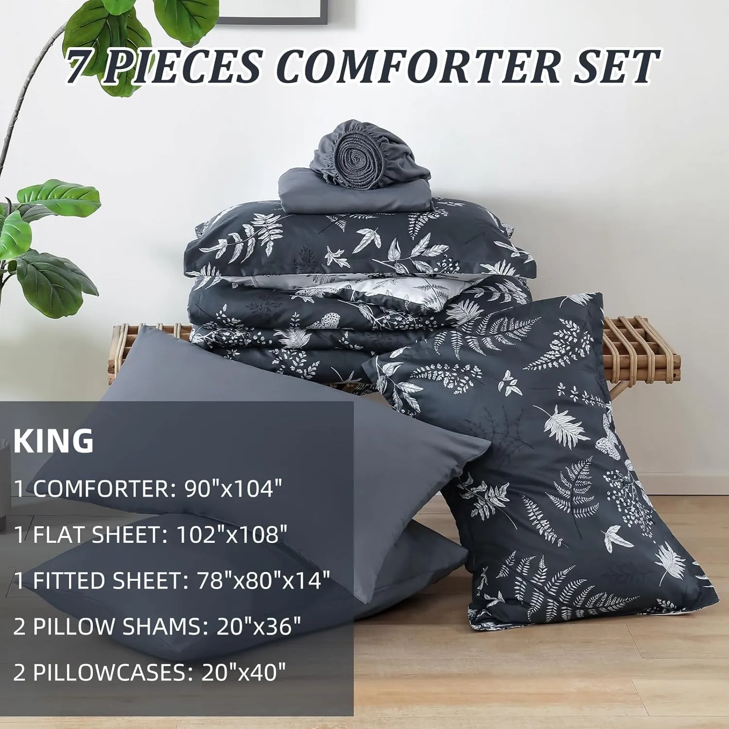 WONGS BEDDING Botanical Comforter Set King Size,7 Pieces Bed in a Bag Gray Bedding Sets Reversible Microfiber Leaf Comforter Soft Lightweight Bed Set with Sheet,Pillowcases&Shams