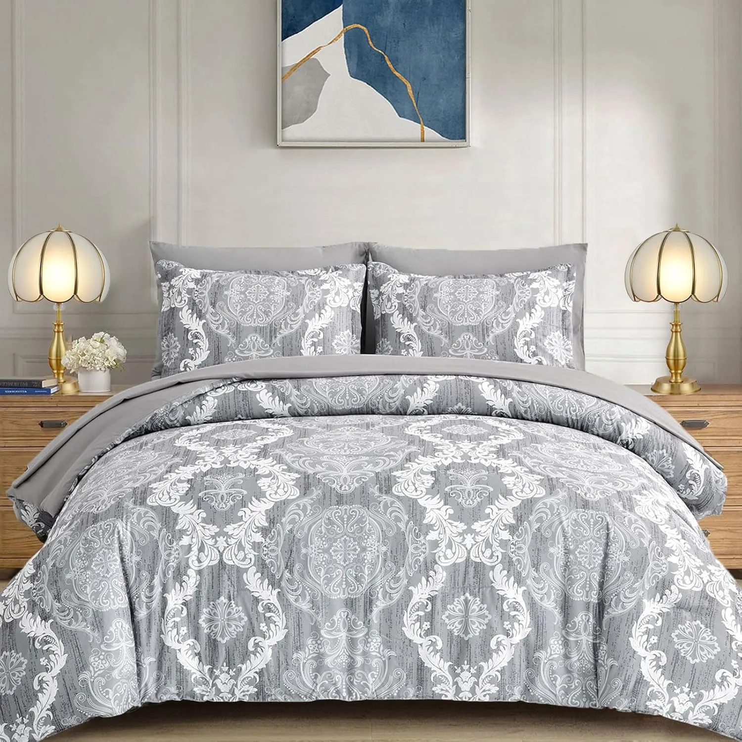 WONGS BEDDING Grey Comforter Set Queen Size, Damask Texture 7 Pieces Gray Bed in a Bag Microfiber Boho Comforter Bedding Sheet Set with Comforter, Flat Sheet, Fitted Sheet,Pillow Shams,Pillowcases