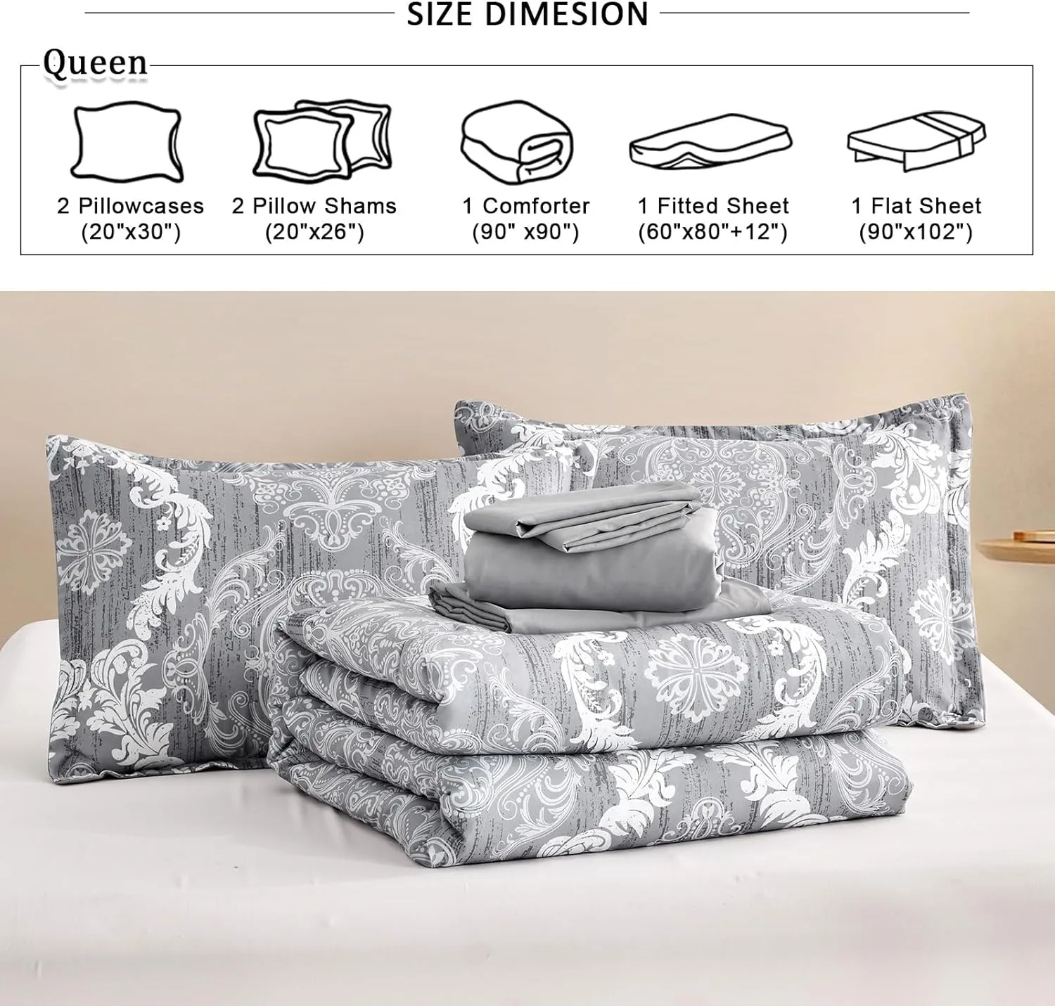 WONGS BEDDING Grey Comforter Set Queen Size, Damask Texture 7 Pieces Gray Bed in a Bag Microfiber Boho Comforter Bedding Sheet Set with Comforter, Flat Sheet, Fitted Sheet,Pillow Shams,Pillowcases