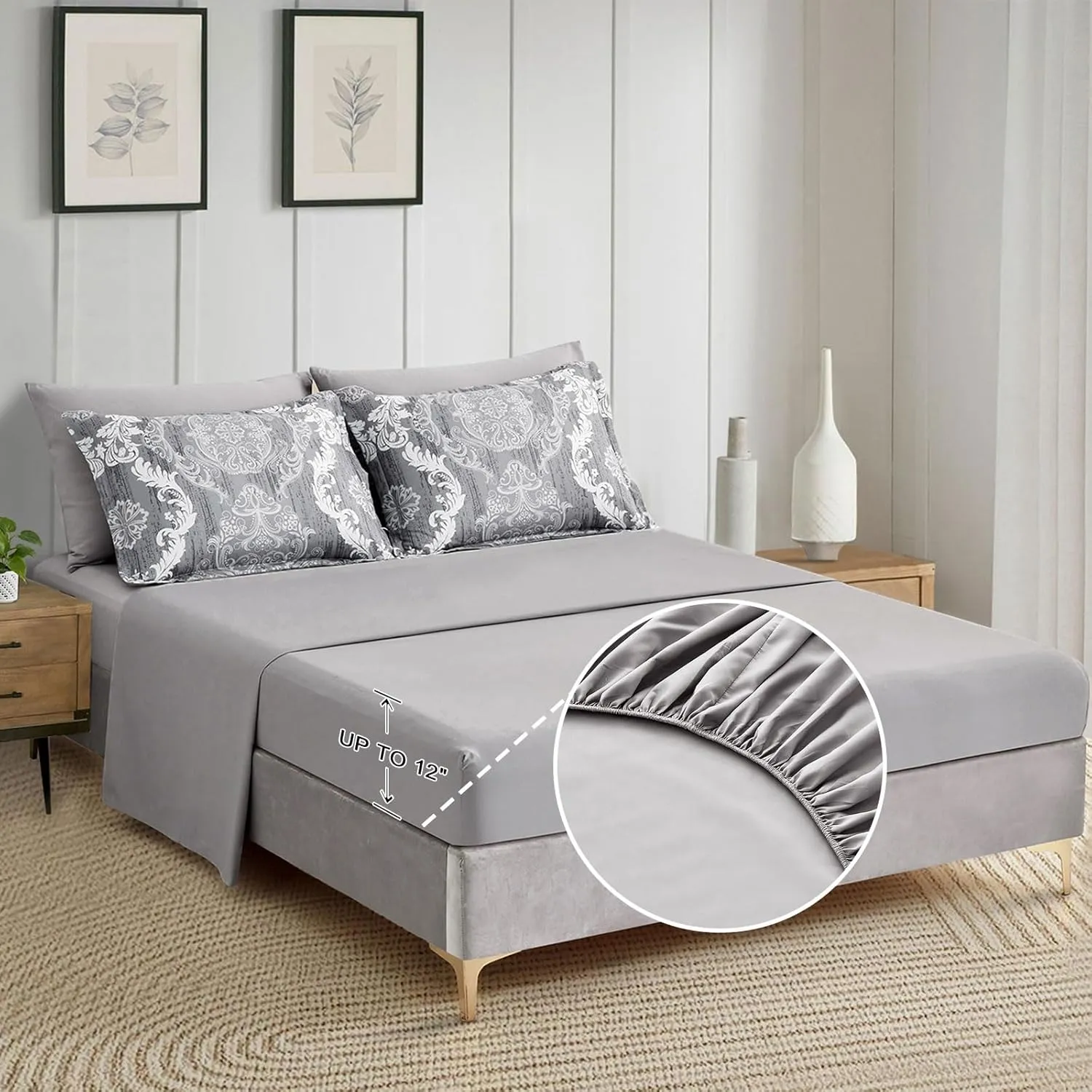 WONGS BEDDING Grey Comforter Set Queen Size, Damask Texture 7 Pieces Gray Bed in a Bag Microfiber Boho Comforter Bedding Sheet Set with Comforter, Flat Sheet, Fitted Sheet,Pillow Shams,Pillowcases