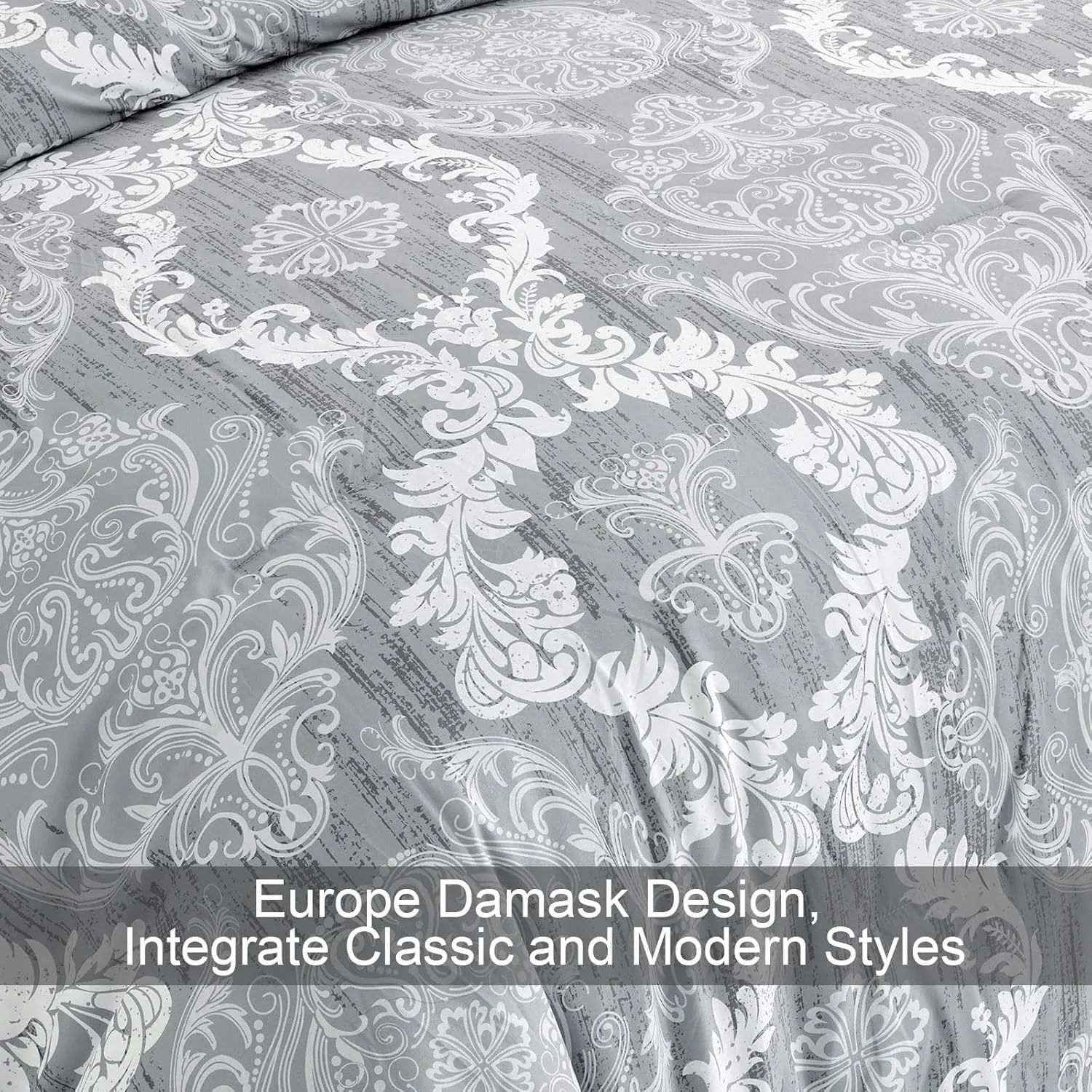 WONGS BEDDING Grey Comforter Set Queen Size, Damask Texture 7 Pieces Gray Bed in a Bag Microfiber Boho Comforter Bedding Sheet Set with Comforter, Flat Sheet, Fitted Sheet,Pillow Shams,Pillowcases
