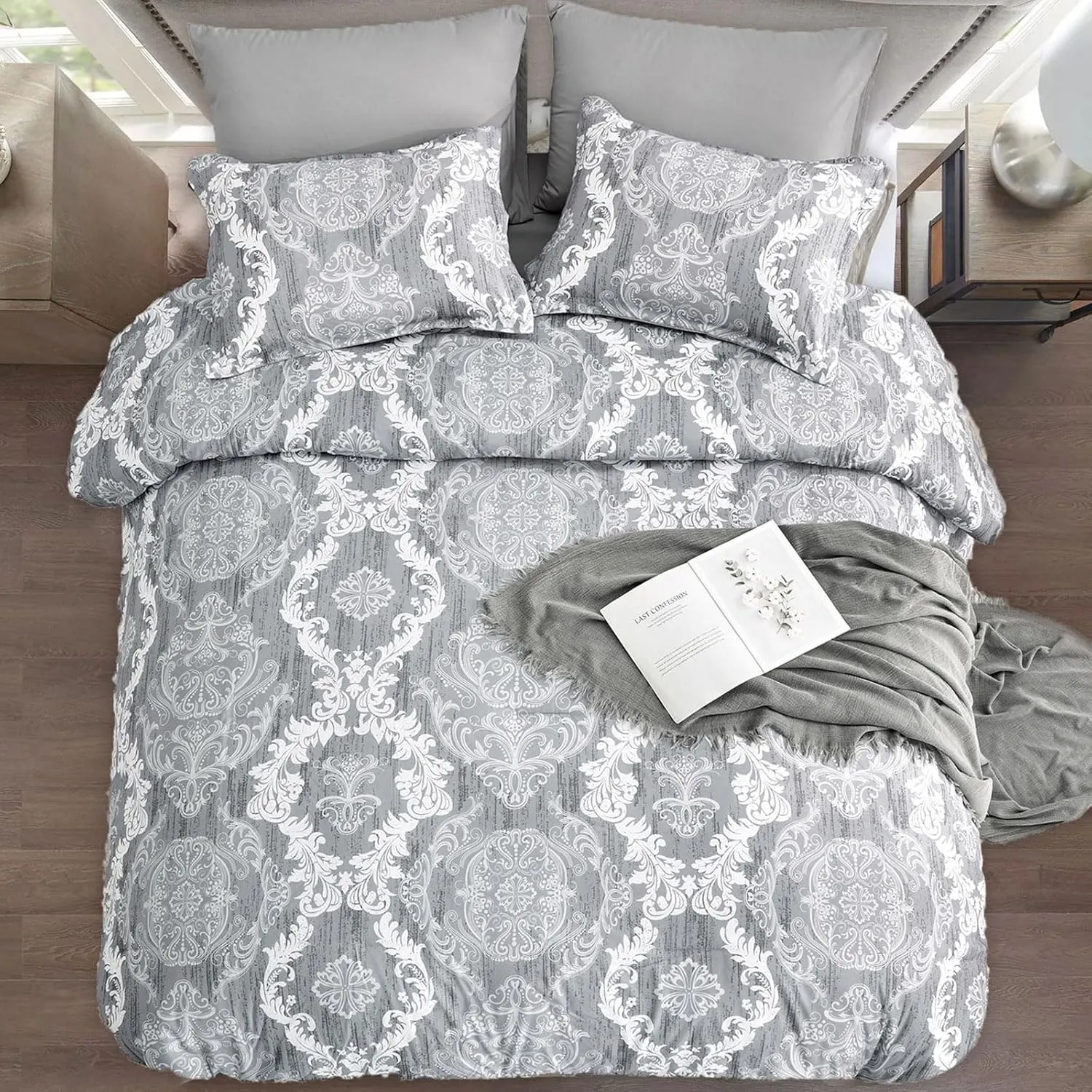WONGS BEDDING Grey Comforter Set Queen Size, Damask Texture 7 Pieces Gray Bed in a Bag Microfiber Boho Comforter Bedding Sheet Set with Comforter, Flat Sheet, Fitted Sheet,Pillow Shams,Pillowcases
