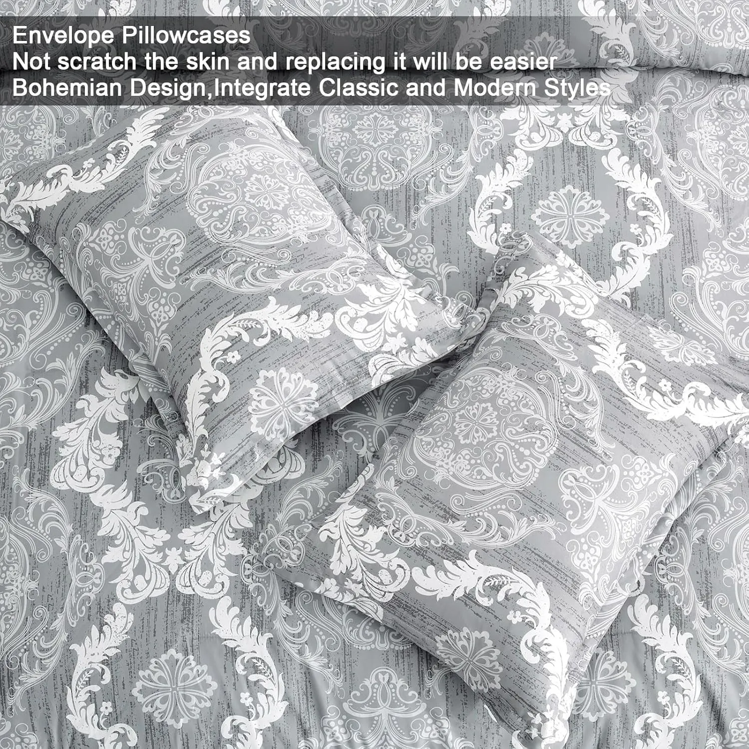 WONGS BEDDING Grey Comforter Set Queen Size, Damask Texture 7 Pieces Gray Bed in a Bag Microfiber Boho Comforter Bedding Sheet Set with Comforter, Flat Sheet, Fitted Sheet,Pillow Shams,Pillowcases