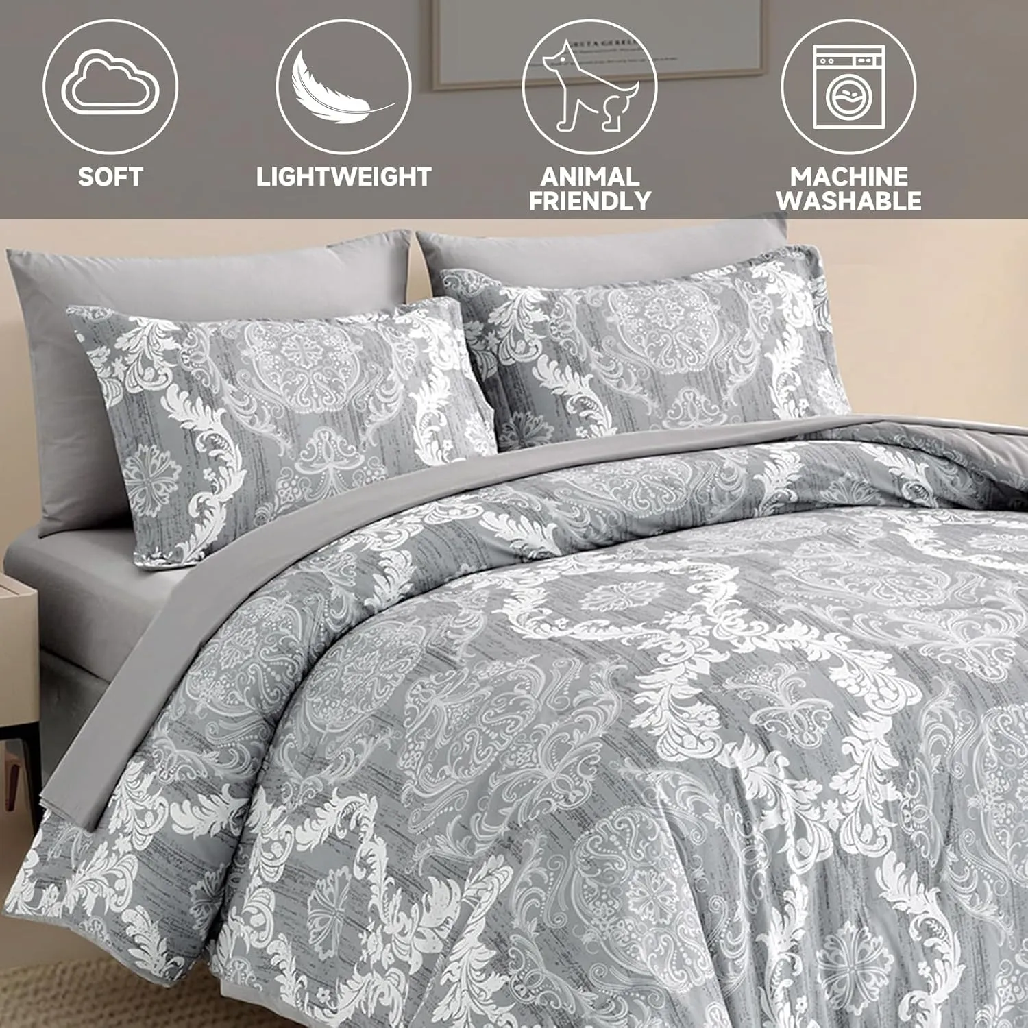 WONGS BEDDING Grey Comforter Set Queen Size, Damask Texture 7 Pieces Gray Bed in a Bag Microfiber Boho Comforter Bedding Sheet Set with Comforter, Flat Sheet, Fitted Sheet,Pillow Shams,Pillowcases