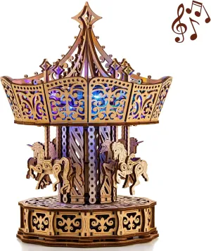 Wood Trick Parisian Carousel Music Box Rotating with Backlit - 3D Wooden Puzzles for Adults and Kids to Build DIY - Music Box Kit - La Vie en Rose Tune - Engineering DIY Wood Model