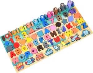 Wooden alphanumeric Shapes Jigsaw Ring Count Classification Toys Math Shapes Building Blocks Toddler Learning Playboard Math Fishing Educational Toys Montessori Educational (color1)