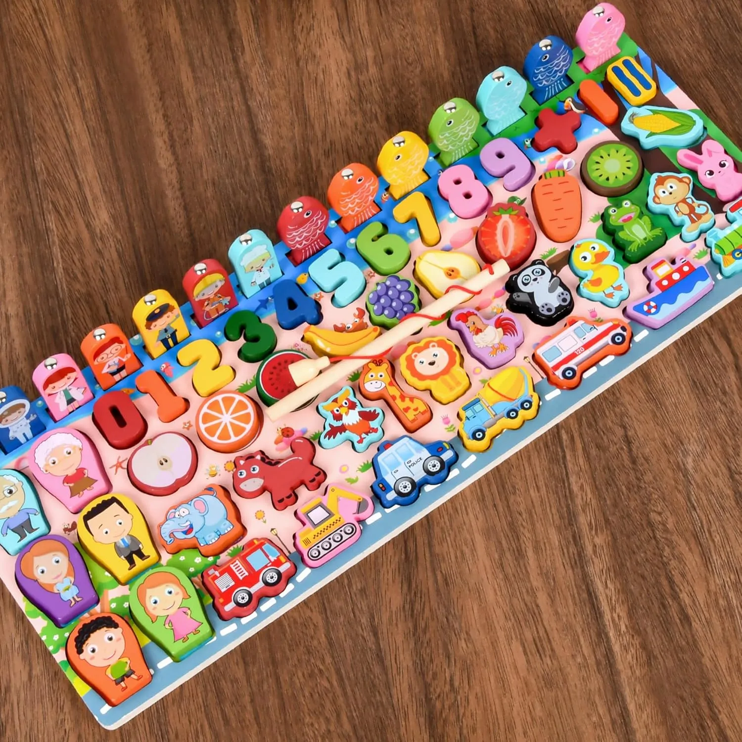 Wooden alphanumeric Shapes Jigsaw Ring Count Classification Toys Math Shapes Building Blocks Toddler Learning Playboard Math Fishing Educational Toys Montessori Educational (color2)
