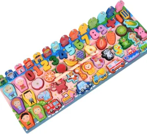 Wooden alphanumeric Shapes Jigsaw Ring Count Classification Toys Math Shapes Building Blocks Toddler Learning Playboard Math Fishing Educational Toys Montessori Educational (color2)